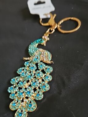 Gold Peacock Keychain with Turquoise Rhinestones